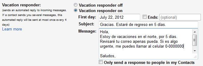 Respuesta automática por vacaciones, en Gmail
